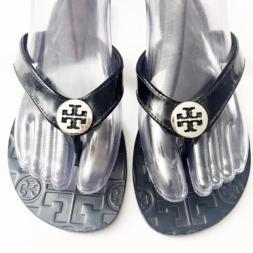 Tory Burch Black Patent Logo Flip Flops with Silver Medallions Size 6